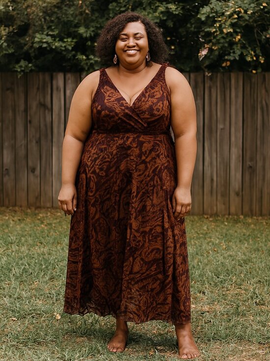 Robbie Bee Dresses & Skirts - Robbie Bee Maxi Dress Size 16 Brown Print V-Neck Belted Sleeveless Lined